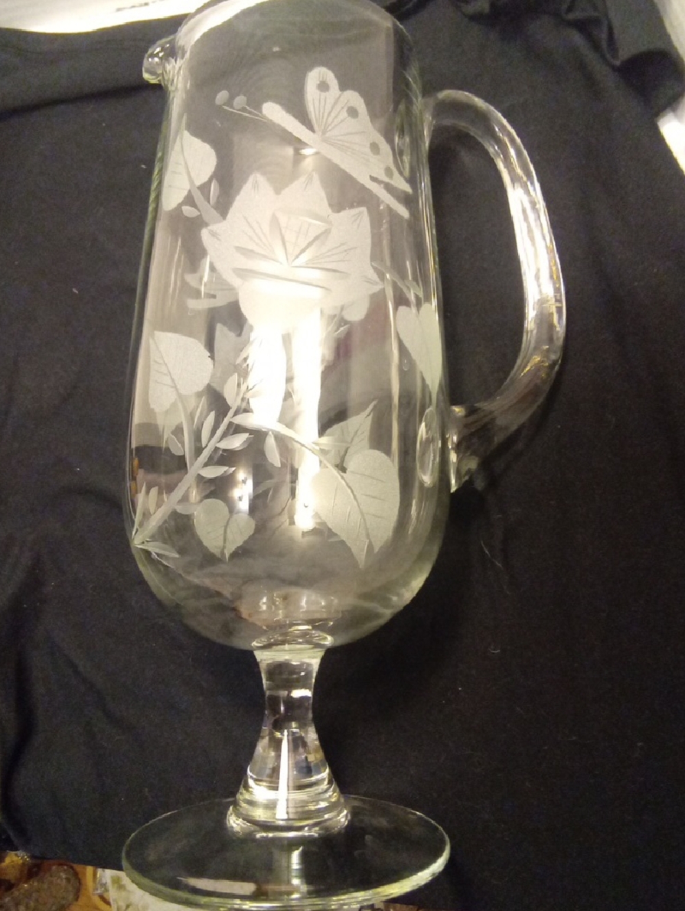 Vintage 1940 Etched Glass Pedestal Pitcher with Floral & Butterfly Design